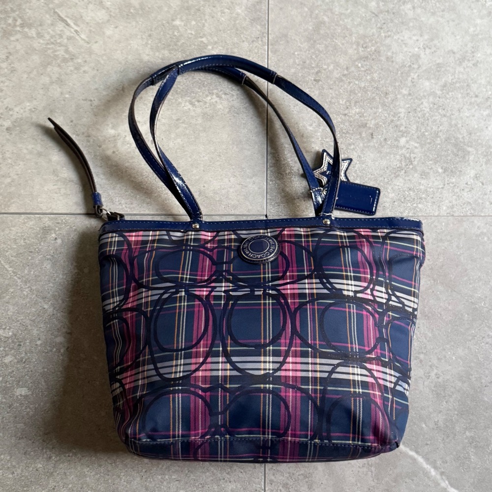 Vintage Coach Poppy Tartan Plaid Signature Tote Bag F20040 Blue Pink